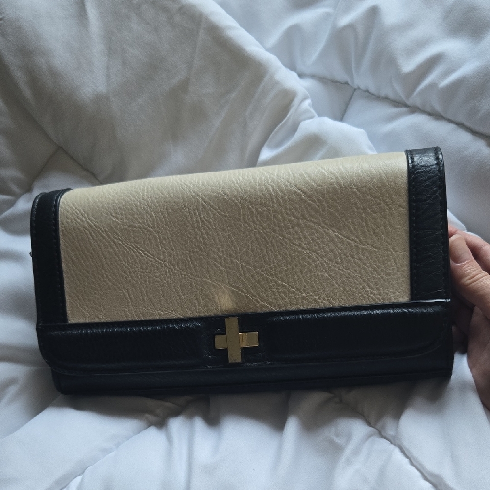 Black White Leather Clutch Bag With Strap Gold Hardware Purse Teacher Modest New